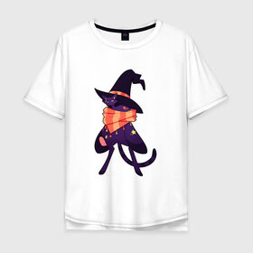 Мужская футболка хлопок Oversize с принтом Хэллоунский кот маг в Белгороде, 100% хлопок | свободный крой, круглый ворот, “спинка” длиннее передней части | волшебство | звезды | кот | маг | магия | осень | хэллоуин | хэловин | шарф | шляпа