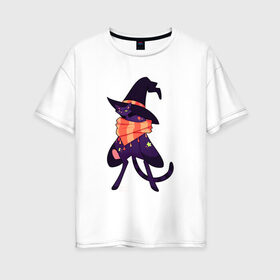Женская футболка хлопок Oversize с принтом Хэллоунский кот маг в Белгороде, 100% хлопок | свободный крой, круглый ворот, спущенный рукав, длина до линии бедер
 | волшебство | звезды | кот | маг | магия | осень | хэллоуин | хэловин | шарф | шляпа