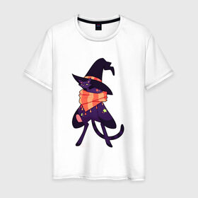Мужская футболка хлопок с принтом Хэллоунский кот маг в Белгороде, 100% хлопок | прямой крой, круглый вырез горловины, длина до линии бедер, слегка спущенное плечо. | волшебство | звезды | кот | маг | магия | осень | хэллоуин | хэловин | шарф | шляпа