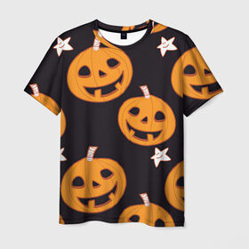 Мужская футболка 3D с принтом Весёлые тыквы в Белгороде, 100% полиэфир | прямой крой, круглый вырез горловины, длина до линии бедер | арт | весело | весёлые лица | весёлые морды | звёзды | оранжевый | рисунок | тыква | тыквы