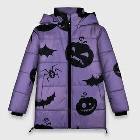 Женская зимняя куртка 3D с принтом Фиолетовый хэллоуин в Белгороде, верх — 100% полиэстер; подкладка — 100% полиэстер; утеплитель — 100% полиэстер | длина ниже бедра, силуэт Оверсайз. Есть воротник-стойка, отстегивающийся капюшон и ветрозащитная планка. 

Боковые карманы с листочкой на кнопках и внутренний карман на молнии | Тематика изображения на принте: арт | вектор | вырезанные лица | летучая мышь | летучие мыши | паук | пауки | рисунок | тыква | тыквы | фиолетовый | черный