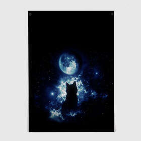 Постер с принтом Кот в Белгороде, 100% бумага
 | бумага, плотность 150 мг. Матовая, но за счет высокого коэффициента гладкости имеет небольшой блеск и дает на свету блики, но в отличии от глянцевой бумаги не покрыта лаком | космос | кот | котенок | котик | кошка | луна | небо | ночь