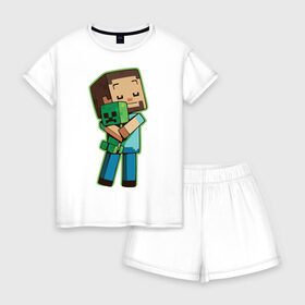 Женская пижама с шортиками хлопок с принтом Minecraft в Белгороде, 100% хлопок | футболка прямого кроя, шорты свободные с широкой мягкой резинкой | биом | выживание | игра | куб | персонаж