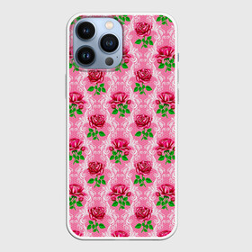 Чехол для iPhone 13 Pro Max с принтом Декор из нежных роз в Белгороде,  |  | fashion | flower pattern | girl | pink | roses | винтаж | винтажные | девушкам | зелень | лепестки | лето | листья | марта | нежные | пастельные | паттерн | пионы | подарок | природа | растения | ретро | роза | розы | узор