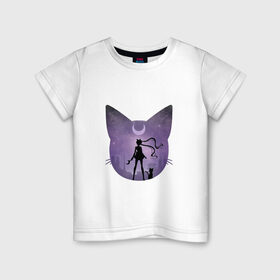 Детская футболка хлопок с принтом Лунный воен в Белгороде, 100% хлопок | круглый вырез горловины, полуприлегающий силуэт, длина до линии бедер | арт | девушка | кот | кошка | луна | нео королева серенити | ночь | перевёрнутая луна | рисунок | сейлор мун | силуэт | усаги цукино | фиолетовый