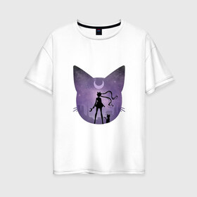 Женская футболка хлопок Oversize с принтом Лунный воен в Белгороде, 100% хлопок | свободный крой, круглый ворот, спущенный рукав, длина до линии бедер
 | арт | девушка | кот | кошка | луна | нео королева серенити | ночь | перевёрнутая луна | рисунок | сейлор мун | силуэт | усаги цукино | фиолетовый