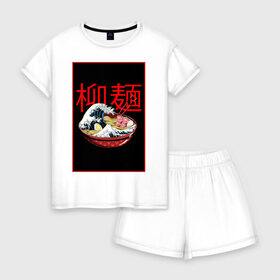 Женская пижама с шортиками хлопок с принтом Рамэн в Белгороде, 100% хлопок | футболка прямого кроя, шорты свободные с широкой мягкой резинкой | food | еда | иероглифы | кухня | рамен | рамэн | япония | японские символы