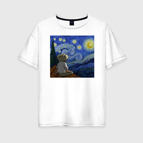 Женская футболка хлопок Oversize с принтом Винсент Вангог в Белгороде, 100% хлопок | свободный крой, круглый ворот, спущенный рукав, длина до линии бедер
 | арт | винсент вангог | дождь | ночь | романтика | художник