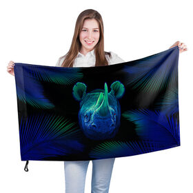 Флаг 3D с принтом Носорог в Белгороде, 100% полиэстер | плотность ткани — 95 г/м2, размер — 67 х 109 см. Принт наносится с одной стороны | horn nose | rhinoceros | двурогий | неон | носорог | носорожка | рогатый