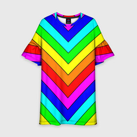 Детское платье 3D с принтом Rainbow Stripes в Белгороде, 100% полиэстер | прямой силуэт, чуть расширенный к низу. Круглая горловина, на рукавах — воланы | geometry | gradient | neon | геометрические | градиент | детям | кислота | кислотный | конус | красочный | линии | неоновые | пирамида | полоска | полосы | радуга | радужный | разноцветные | сочный | треугольники