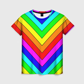 Женская футболка 3D с принтом Rainbow Stripes в Белгороде, 100% полиэфир ( синтетическое хлопкоподобное полотно) | прямой крой, круглый вырез горловины, длина до линии бедер | geometry | gradient | neon | геометрические | градиент | детям | кислота | кислотный | конус | красочный | линии | неоновые | пирамида | полоска | полосы | радуга | радужный | разноцветные | сочный | треугольники