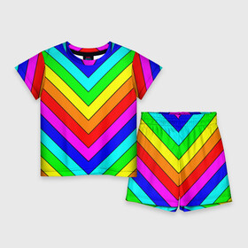 Детский костюм с шортами 3D с принтом Rainbow Stripes в Белгороде,  |  | Тематика изображения на принте: geometry | gradient | neon | геометрические | градиент | детям | кислота | кислотный | конус | красочный | линии | неоновые | пирамида | полоска | полосы | радуга | радужный | разноцветные | сочный | треугольники