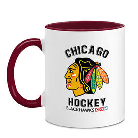 Кружка двухцветная с принтом CHICAGO BLACKHAWKS NHL в Белгороде, керамика | объем — 330 мл, диаметр — 80 мм. Цветная ручка и кайма сверху, в некоторых цветах — вся внутренняя часть | blackhawks | ccm | chicago | hockey | nhl | sport | usa | блэкхоукс | индеец | нхл | спорт | сша | хоккей | чикаго