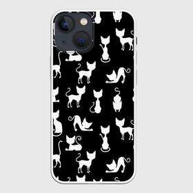Чехол для iPhone 13 mini с принтом КОШКИ БЕЛОЕ НА ЧЕРНОМ в Белгороде,  |  | cat | pussy | домашние | кис кис | коты | котэ | кошки | лапки | мяу | паттерн | усы | хвост | черно белое