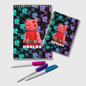 Блокнот с принтом ROBLOX PIGGY - СВИНКА ПИГГИ в Белгороде, 100% бумага | 48 листов, плотность листов — 60 г/м2, плотность картонной обложки — 250 г/м2. Листы скреплены удобной пружинной спиралью. Цвет линий — светло-серый
 | Тематика изображения на принте: pig | piggy | roblox | игра | компьютерная игра | логотип | онлайн | онлайн игра | пигги | поросенок | роблакс | роблокс | свинка | свинья