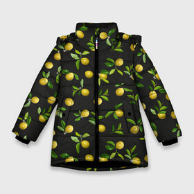 Зимняя куртка для девочек 3D с принтом Лимончики на черном в Белгороде, ткань верха — 100% полиэстер; подклад — 100% полиэстер, утеплитель — 100% полиэстер. | длина ниже бедра, удлиненная спинка, воротник стойка и отстегивающийся капюшон. Есть боковые карманы с листочкой на кнопках, утяжки по низу изделия и внутренний карман на молнии. 

Предусмотрены светоотражающий принт на спинке, радужный светоотражающий элемент на пуллере молнии и на резинке для утяжки. | citrus | fruit | lemon | lemon flowers | lemons | print | лимон | лимончики | лимоны | принт | фрукты | цветы лимона | цитрусовые
