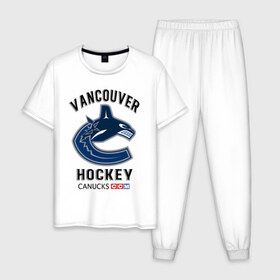 Мужская пижама хлопок с принтом VANCOUVER CANUCKS NHL в Белгороде, 100% хлопок | брюки и футболка прямого кроя, без карманов, на брюках мягкая резинка на поясе и по низу штанин
 | Тематика изображения на принте: canada | canucks | hockey | nhl | sport | usa | vancouver | акула | ванкувер | канада | кэнакс | логотип | нхл | спорт | хоккей | челюсти