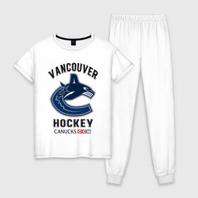 Женская пижама хлопок с принтом VANCOUVER CANUCKS NHL в Белгороде, 100% хлопок | брюки и футболка прямого кроя, без карманов, на брюках мягкая резинка на поясе и по низу штанин | canada | canucks | hockey | nhl | sport | usa | vancouver | акула | ванкувер | канада | кэнакс | логотип | нхл | спорт | хоккей | челюсти