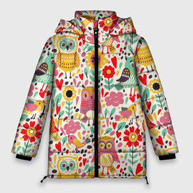 Женская зимняя куртка 3D с принтом Красочные совы и цветы в Белгороде, верх — 100% полиэстер; подкладка — 100% полиэстер; утеплитель — 100% полиэстер | длина ниже бедра, силуэт Оверсайз. Есть воротник-стойка, отстегивающийся капюшон и ветрозащитная планка. 

Боковые карманы с листочкой на кнопках и внутренний карман на молнии | autumn | cute | flowers | spring | summer | весна | воробей | лепестки | лето | маки | милота | милые | облака | облачка | осень | поле | природа | птичка | птички | ромашки | сердечки | синица | синичка | сова | совушки