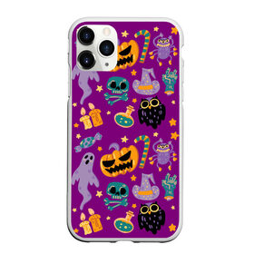 Чехол для iPhone 11 Pro Max матовый с принтом Happy Halloween в Белгороде, Силикон |  | Тематика изображения на принте: bones | candle | candy | fangs | flask | ghost | hand | hat | jaw | owl | pumpkin | skull | star | звезда | клыки | колба | конфета | кости | пасть | призрак | рука | свеча | сова | череп | шляпа