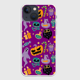 Чехол для iPhone 13 mini с принтом Happy Halloween в Белгороде,  |  | bones | candle | candy | fangs | flask | ghost | hand | hat | jaw | owl | pumpkin | skull | star | звезда | клыки | колба | конфета | кости | пасть | призрак | рука | свеча | сова | череп | шляпа