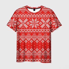 Мужская футболка 3D с принтом Красный зимний орнамент в Белгороде, 100% полиэфир | прямой крой, круглый вырез горловины, длина до линии бедер | geometry | new year | pattern | retro | snow | winter | аляска | вязаный | геометрия | девяностые | дед мороз | зима | ковер | новогодние | новый год | олени | паттерн | подарок | ретро | рождество | свитер | снег | снеговик