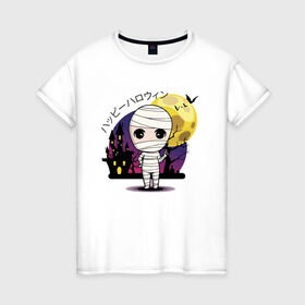 Женская футболка хлопок с принтом Мумия в Белгороде, 100% хлопок | прямой крой, круглый вырез горловины, длина до линии бедер, слегка спущенное плечо | bat | halloween | japan | moon | летучая мышь | луна | мумия | хэллоуин