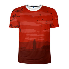 Мужская футболка 3D спортивная с принтом Сакура в Белгороде, 100% полиэстер с улучшенными характеристиками | приталенный силуэт, круглая горловина, широкие плечи, сужается к линии бедра | Тематика изображения на принте: арт | башня | китайская башня | сакура | туристическое