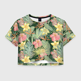 Женская футболка Crop-top 3D с принтом Тропические растения и цветы в Белгороде, 100% полиэстер | круглая горловина, длина футболки до линии талии, рукава с отворотами | банан | желтый | зеленый | красный | листья | орхидея | пальма | плюмерия | стрелиция | тропики | цветы | экзотика