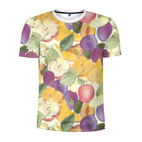 Мужская футболка 3D спортивная с принтом Фрукты. Фруктовый сад в Белгороде, 100% полиэстер с улучшенными характеристиками | приталенный силуэт, круглая горловина, широкие плечи, сужается к линии бедра | груша | желтый | лист | плод | половина | сад | слива | сочный | спелый | урожай | фиолетовый | фрукты | целое | яблоко