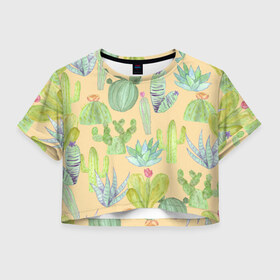 Женская футболка Crop-top 3D с принтом Кактусы в пустыне в Белгороде, 100% полиэстер | круглая горловина, длина футболки до линии талии, рукава с отворотами | жара | желтый | засуха | зеленый | кактус | колючки | песок | пустыня | солнечный | цветок