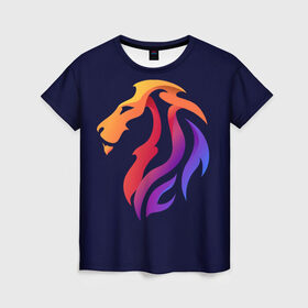Женская футболка 3D с принтом Градиентный лев в минимализме в Белгороде, 100% полиэфир ( синтетическое хлопкоподобное полотно) | прямой крой, круглый вырез горловины, длина до линии бедер | вектор | градиент | лев | логотип | минимализм | разноцветный | цветной