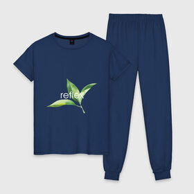 Женская пижама хлопок с принтом reflex листья в Белгороде, 100% хлопок | брюки и футболка прямого кроя, без карманов, на брюках мягкая резинка на поясе и по низу штанин | relax | зелень | листья