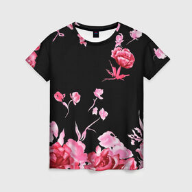 Женская футболка 3D с принтом Яркие розы в Белгороде, 100% полиэфир ( синтетическое хлопкоподобное полотно) | прямой крой, круглый вырез горловины, длина до линии бедер | арт | рисунок | роза | розовая роза | розовые розы | розовый | розы | тёмный | цветы | чёрный