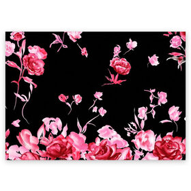 Поздравительная открытка с принтом Яркие розы в Белгороде, 100% бумага | плотность бумаги 280 г/м2, матовая, на обратной стороне линовка и место для марки
 | арт | рисунок | роза | розовая роза | розовые розы | розовый | розы | тёмный | цветы | чёрный