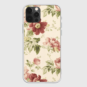 Чехол для iPhone 12 Pro с принтом Цветы в Белгороде, силикон | область печати: задняя сторона чехла, без боковых панелей | арт | зеленый | краски | красный | кремовый | ретро | рисунок | розовый | цветок | цветы