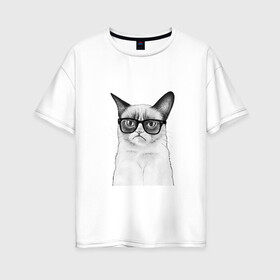 Женская футболка хлопок Oversize с принтом Кот хипстер в Белгороде, 100% хлопок | свободный крой, круглый ворот, спущенный рукав, длина до линии бедер
 | grumpy cat | арт | кот | кошка | очки | рисунок | хипстер | черный | чёрный белый
