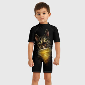 Детский купальный костюм 3D с принтом Дымчато световой кот в Белгороде, Полиэстер 85%, Спандекс 15% | застежка на молнии на спине | арт | дым | желтый | кот | кошка | кривые | рисунок | свет | серый | тёмный | чёрный | яркие линии