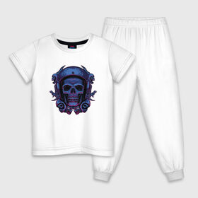 Детская пижама хлопок с принтом Череп Байкера в Белгороде, 100% хлопок |  брюки и футболка прямого кроя, без карманов, на брюках мягкая резинка на поясе и по низу штанин
 | bike | biker | blue | forcer | gang | gangster | harley | helmet | horror | motorcycle | piston | scary | skeleton | skull | skulls | wrench | байк | банда | бандит | гаечный | ключ | мото | поршень | поршни | синий | скелет | страшный | ужас | 