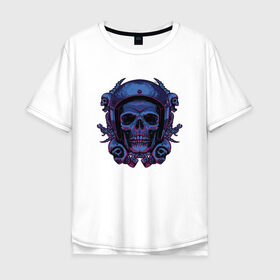 Мужская футболка хлопок Oversize с принтом Череп Байкера в Белгороде, 100% хлопок | свободный крой, круглый ворот, “спинка” длиннее передней части | bike | biker | blue | forcer | gang | gangster | harley | helmet | horror | motorcycle | piston | scary | skeleton | skull | skulls | wrench | байк | банда | бандит | гаечный | ключ | мото | поршень | поршни | синий | скелет | страшный | ужас | 