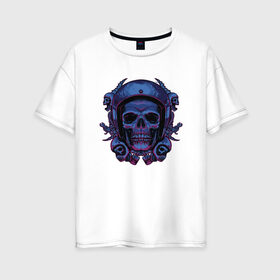 Женская футболка хлопок Oversize с принтом Череп Байкера в Белгороде, 100% хлопок | свободный крой, круглый ворот, спущенный рукав, длина до линии бедер
 | bike | biker | blue | forcer | gang | gangster | harley | helmet | horror | motorcycle | piston | scary | skeleton | skull | skulls | wrench | байк | банда | бандит | гаечный | ключ | мото | поршень | поршни | синий | скелет | страшный | ужас | 