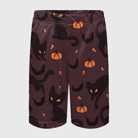 Детские спортивные шорты 3D с принтом Хэллоуиновский кот в Белгороде,  100% полиэстер
 | пояс оформлен широкой мягкой резинкой, ткань тянется
 | арт | конфеты | кот | котёнок | кошка | оранжевый | рисунок | тёмный | тыква | тыквы | фиолетовый | хеллоуин | хэллоуин | чёрный