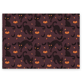 Поздравительная открытка с принтом Хэллоуиновский кот в Белгороде, 100% бумага | плотность бумаги 280 г/м2, матовая, на обратной стороне линовка и место для марки
 | арт | конфеты | кот | котёнок | кошка | оранжевый | рисунок | тёмный | тыква | тыквы | фиолетовый | хеллоуин | хэллоуин | чёрный
