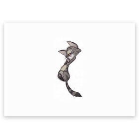 Поздравительная открытка с принтом Милый котя в Белгороде, 100% бумага | плотность бумаги 280 г/м2, матовая, на обратной стороне линовка и место для марки
 | арт | белый | карандаш | кот | кот нежиться | кот спит | мел | мило | милота | риснок | рисунок углём | серый | серый кот | спит | уголь