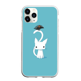 Чехол для iPhone 11 Pro Max матовый с принтом Белый котик и воробушек в Белгороде, Силикон |  | Тематика изображения на принте: арт | белая кошка | белый кот | белый котёнок | воробей | воробушек | воронёнок | кот | котёнок | кошка | рисунок | чёрный птенец