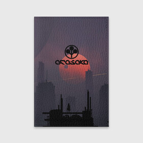 Обложка для паспорта матовая кожа с принтом Cyberpunk 2077 - (Arasaka) в Белгороде, натуральная матовая кожа | размер 19,3 х 13,7 см; прозрачные пластиковые крепления | Тематика изображения на принте: arasaka | cyberpunk 2077 | cyberpunk 2077 (arasaka) | город | игра | луна | минимализм | рисунок