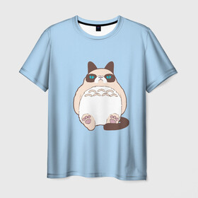 Мужская футболка 3D с принтом Тоторный кот в Белгороде, 100% полиэфир | прямой крой, круглый вырез горловины, длина до линии бедер | Тематика изображения на принте: grumpy cat | белый | кот тоторо | кот. недовольный кот | крем | мило | милота | мимишка | тоторо