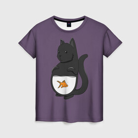 Женская футболка 3D с принтом Довольный кот в Белгороде, 100% полиэфир ( синтетическое хлопкоподобное полотно) | прямой крой, круглый вырез горловины, длина до линии бедер | аквариум | арт | вода | золотая рыбка | кот | котёнок | кошка | рисунок | рыба | рыбка | фиолетовый | чёрная кошка | черный кот | чёрный котёнок