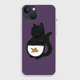 Чехол для iPhone 13 с принтом Довольный кот в Белгороде,  |  | аквариум | арт | вода | золотая рыбка | кот | котёнок | кошка | рисунок | рыба | рыбка | фиолетовый | чёрная кошка | черный кот | чёрный котёнок