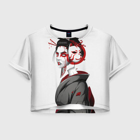Женская футболка Crop-top 3D с принтом Гейша в Белгороде, 100% полиэстер | круглая горловина, длина футболки до линии талии, рукава с отворотами | девушка | кинжал | кицунэ | рисунок | самурай